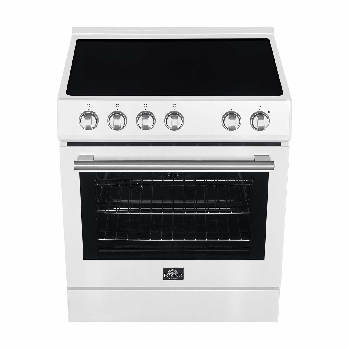 Forno 5-Piece Appliance Package - 30-Inch Electric Range, Under Cabinet Range Hood, Refrigerator with Water Dispenser, Dishwasher, and Microwave Drawer in White with Stainless Steel Trim - APW5-6012-30WHT