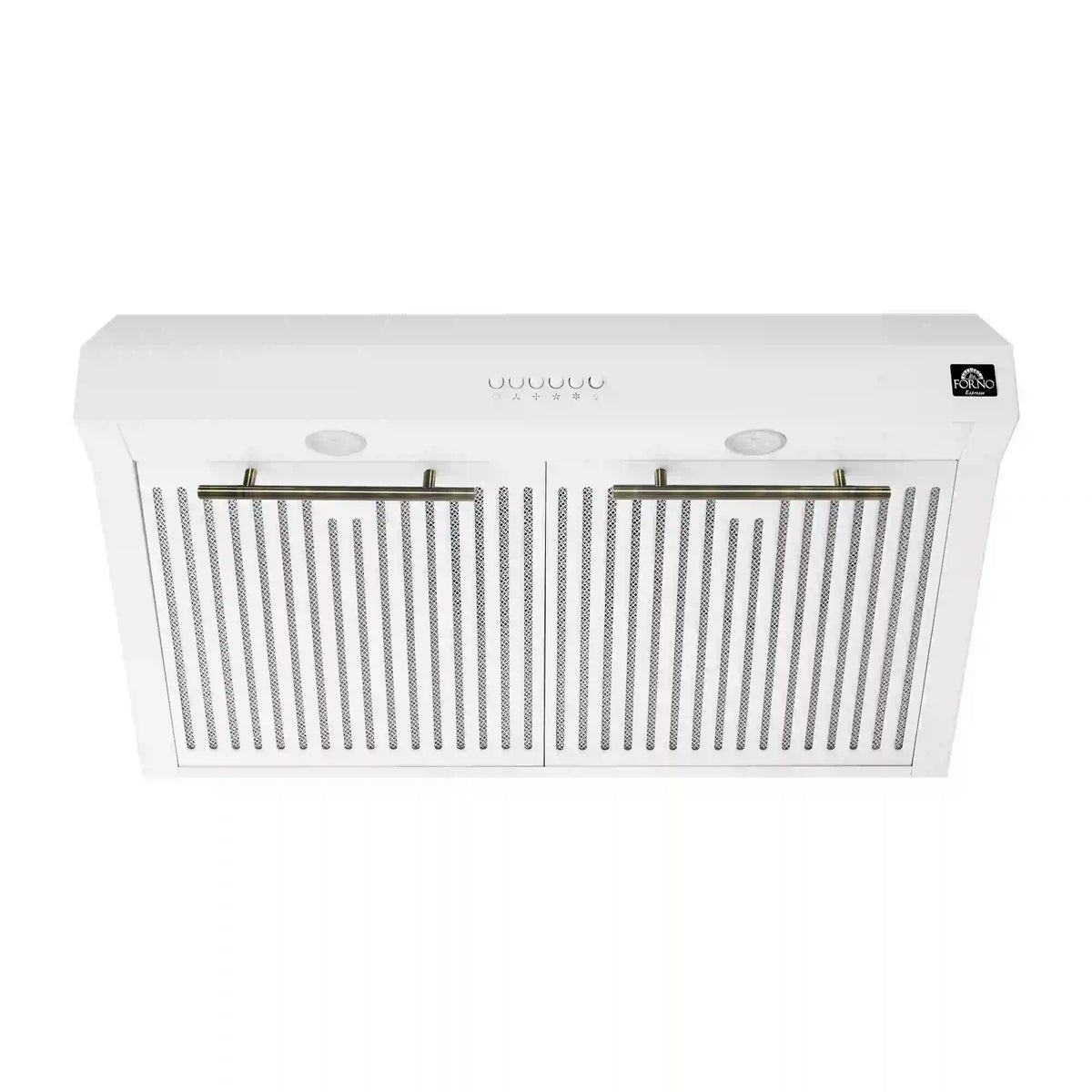 Forno 5-Piece Appliance Package - 30-Inch Inducton Range, Under Cabinet Range Hood, Refrigerator, Dishwasher, and 24-Inch Microwave Oven in White with Antique Brass Trim - APR5-905-30WHT-MWO24