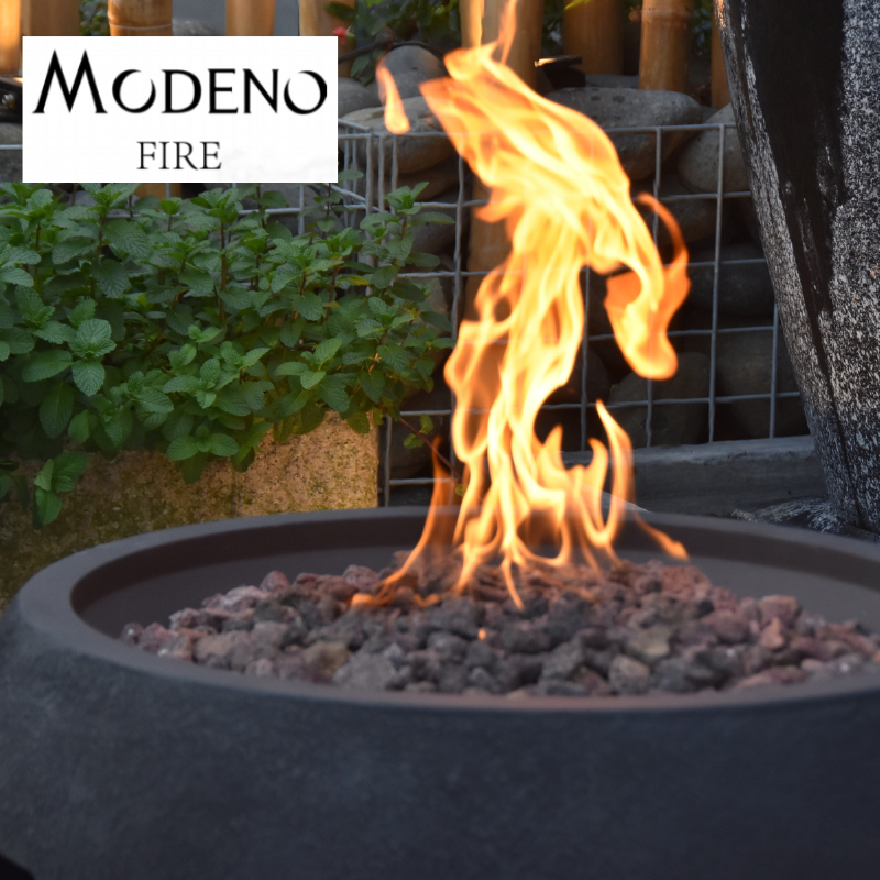 Modeno York fire bowl black with flame close up with logo