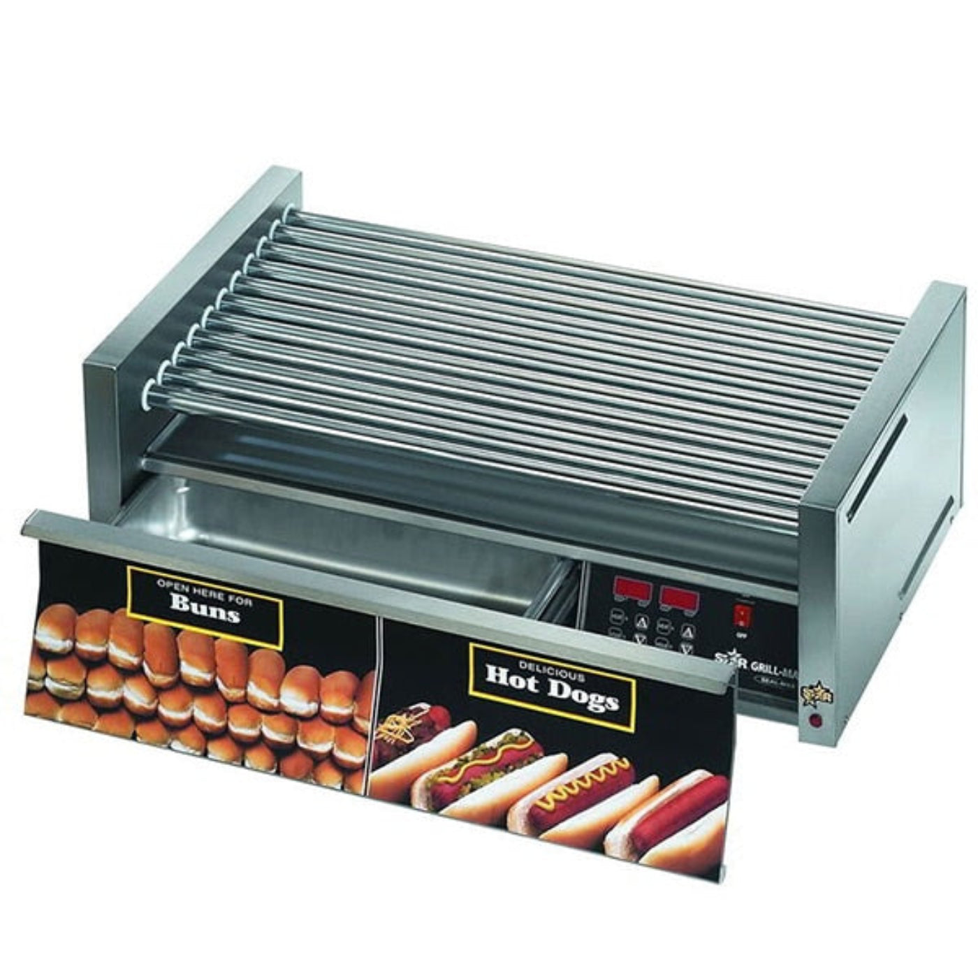 Star 8A-50STBDE-230V Grill-Max® 50 Dogs 230V Roller Grills with Electronic Controls Staltec with Bun Door - 8A-50STBDE-230V