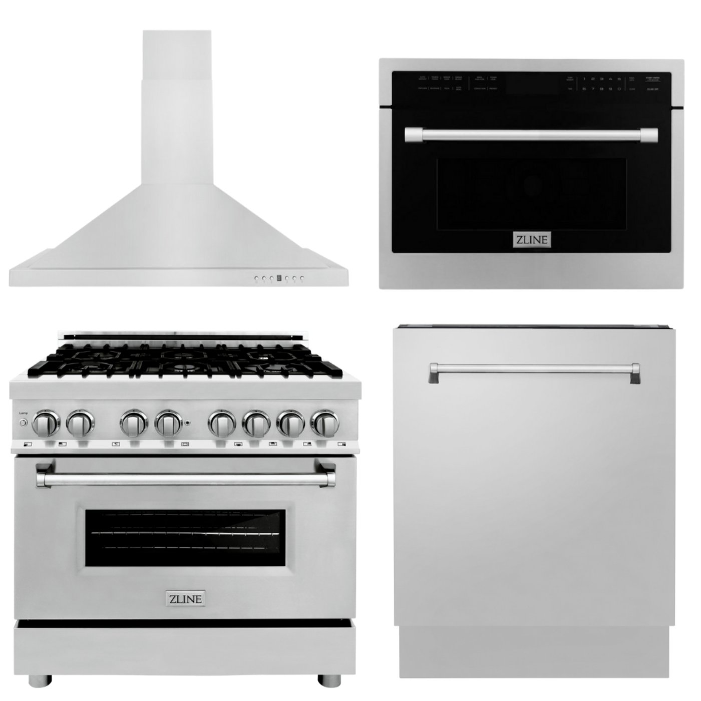 ZLINE Appliance Package - 36 in. Dual Fuel Range, Range Hood, Microwave Oven, Dishwasher, - 4KP-RARH36-MODWV