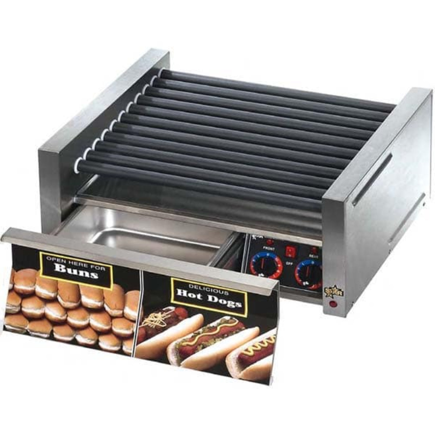 Star 8A-50STBD-230V Grill-Max® 50 Dogs 230V Roller Grills with Analogue Controls Staltec with Bun Door - 8A-50STBD-230V