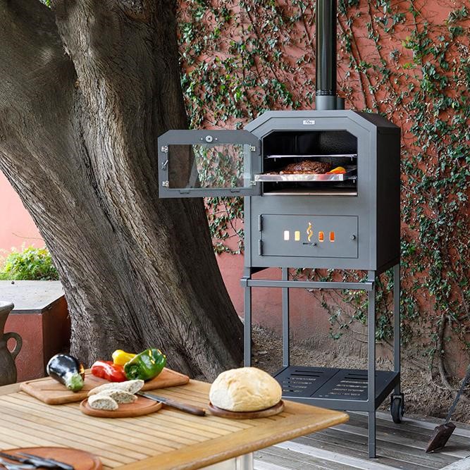  Nuke 60 Outdoor Pizza Oven - open with food, far view