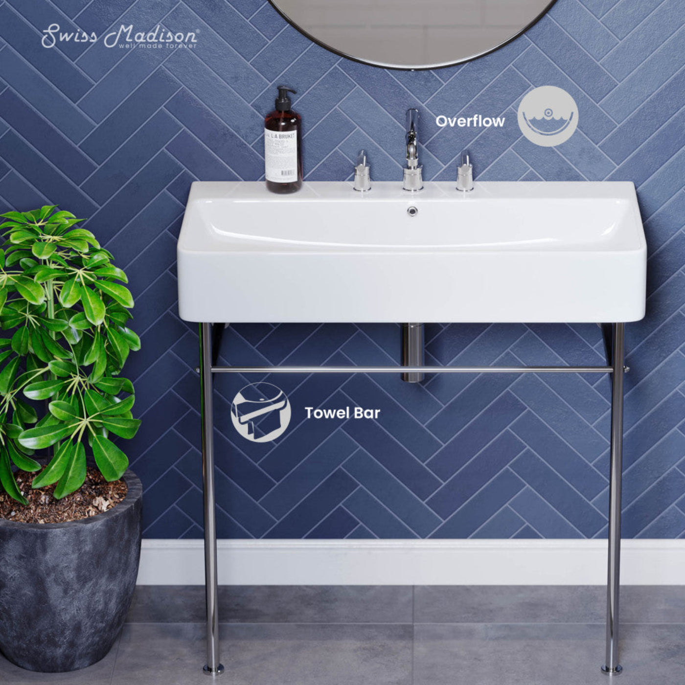 Swiss Madison Carre 36" Console Sink White Basin Chrome Legs with 8" Widespread Holes - SM-CS713-3