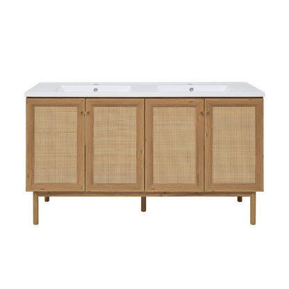 Swiss Madison Classe 60" Freestanding Bathroom Vanity in Golden Oak with Double Basin Sink Top - SM-BV666