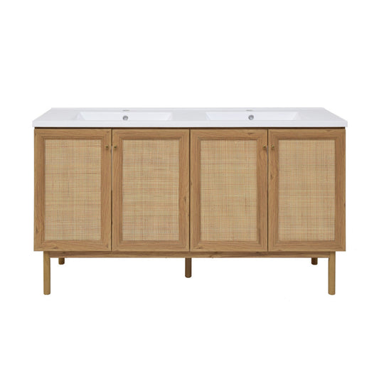 Swiss Madison Classe 60" Freestanding Bathroom Vanity in Golden Oak with Double Basin Sink Top - SM-BV666