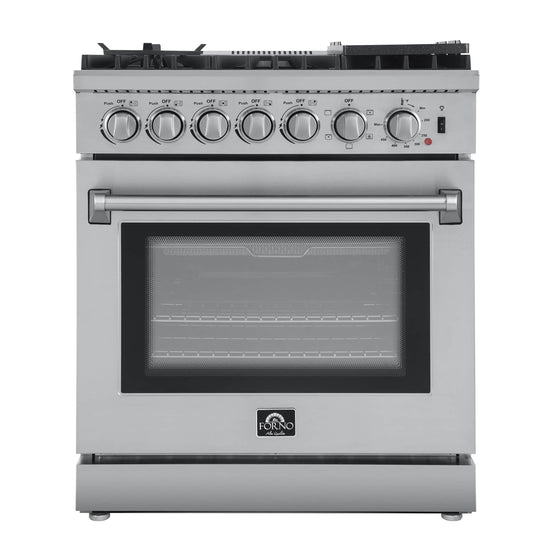 Forno 3-Piece Appliance Package - 30-Inch Dual Fuel Range with Air Fryer, French Door Refrigerator, and Dishwasher in Stainless Steel - AP3-6196-30