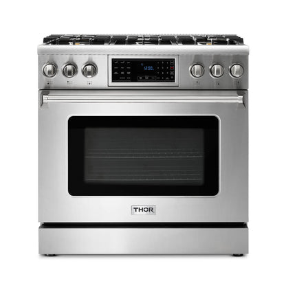 Thor Kitchen 5-Piece Appliance Package - 36-Inch Propane Gas Range, Tilt Panel, Refrigerator with Water Dispenser, Wall Mount Hood, Dishwasher, & Microwave Drawer in Stainless Steel - APW5-TRG36B-LP
