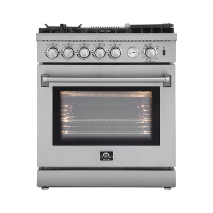Forno 5-Piece Appliance Package - 30-Inch Gas Range with Air Fryer, Refrigerator with Water Dispenser, Wall Mount Hood, 24-Inch Microwave Drawer, & 3-Rack Dishwasher in Stainless Steel - APW5-6276-30-H-MWD