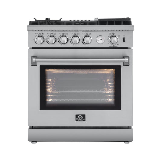 Forno 5-Piece Appliance Package - 30-Inch Gas Range with Air Fryer, Refrigerator, Wall Mount Hood, 24-Inch Microwave Drawer, & 3-Rack Dishwasher in Stainless Steel - APR5-6276-30-H-MWD
