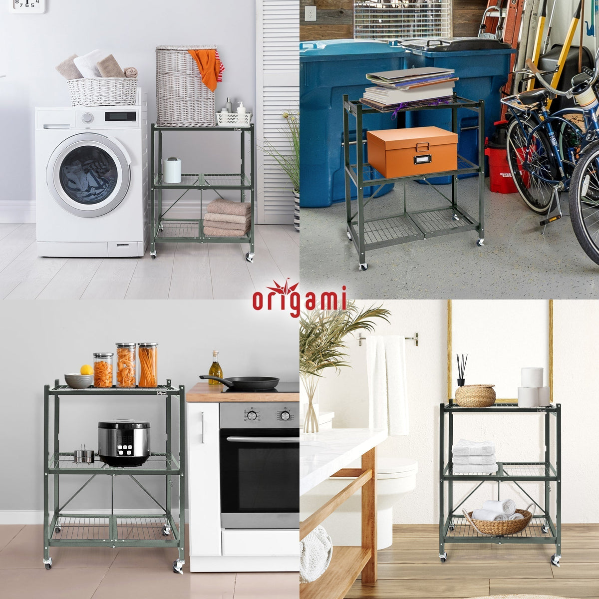Origami R3 Foldable 3-Tiered Shelf Storage Rack & Wheels, Pewter (4 Pack) - 253008