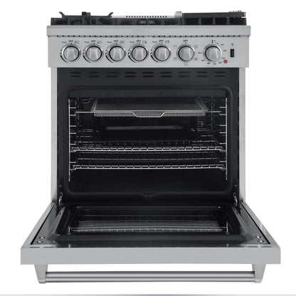 Forno 4-Piece Appliance Package - 30-Inch Dual Fuel Range with Air Fryer, Refrigerator, 24-Inch Microwave Drawer, & 3-Rack Dishwasher in Stainless Steel - AP4-6196-30-MWD