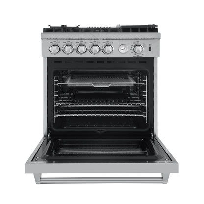 Forno 5-Piece Appliance Package - 30-Inch Gas Range with Air Fryer, Refrigerator, Wall Mount Hood, 24-Inch Microwave Oven, & 3-Rack Dishwasher in Stainless Steel - APR5-6276-30-H-MWO