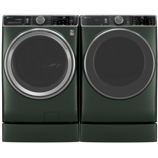 GE Appliances Profile 28 Inch Smart Front Load Washer & GE Profile 28 Inch Smart Front Load Gas Dryer with Profile 7 Inch Right Height Riser - PFD95GSPWGN
