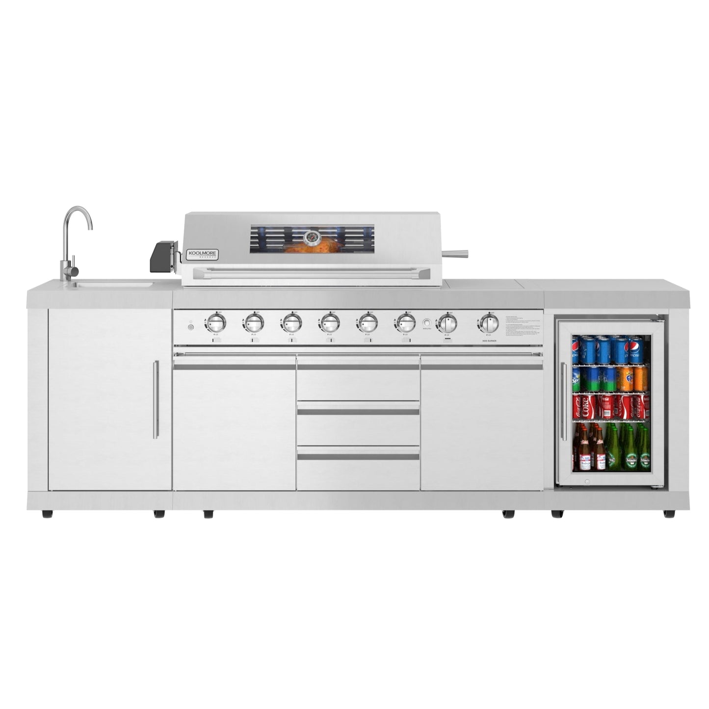 KOOLMORE KoolMore Reserve Outdoor Kitchen Island with 6 Burner Grill and Side Burner, Sink, Storage Cabinet and Beverage Refrigerator in Stainless-Steel - KMOKSBQHUB