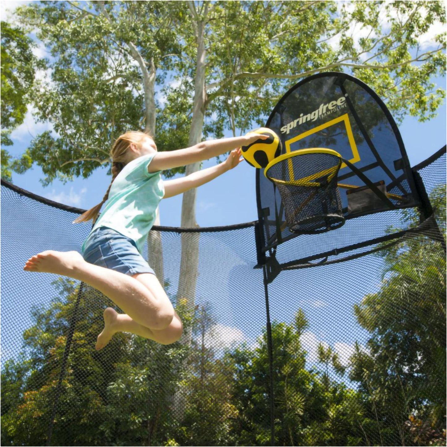 Springfree Trampoline Kids Square 11 Foot Trampoline & FlexrHoop Basketball Game - 299774