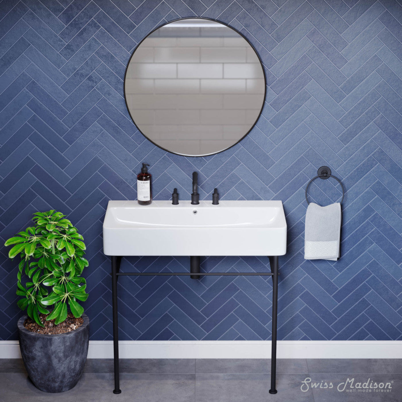 Swiss Madison Carre 36" Console Sink White Basin Black Legs with 8" Widespread Holes - SM-CS733-3