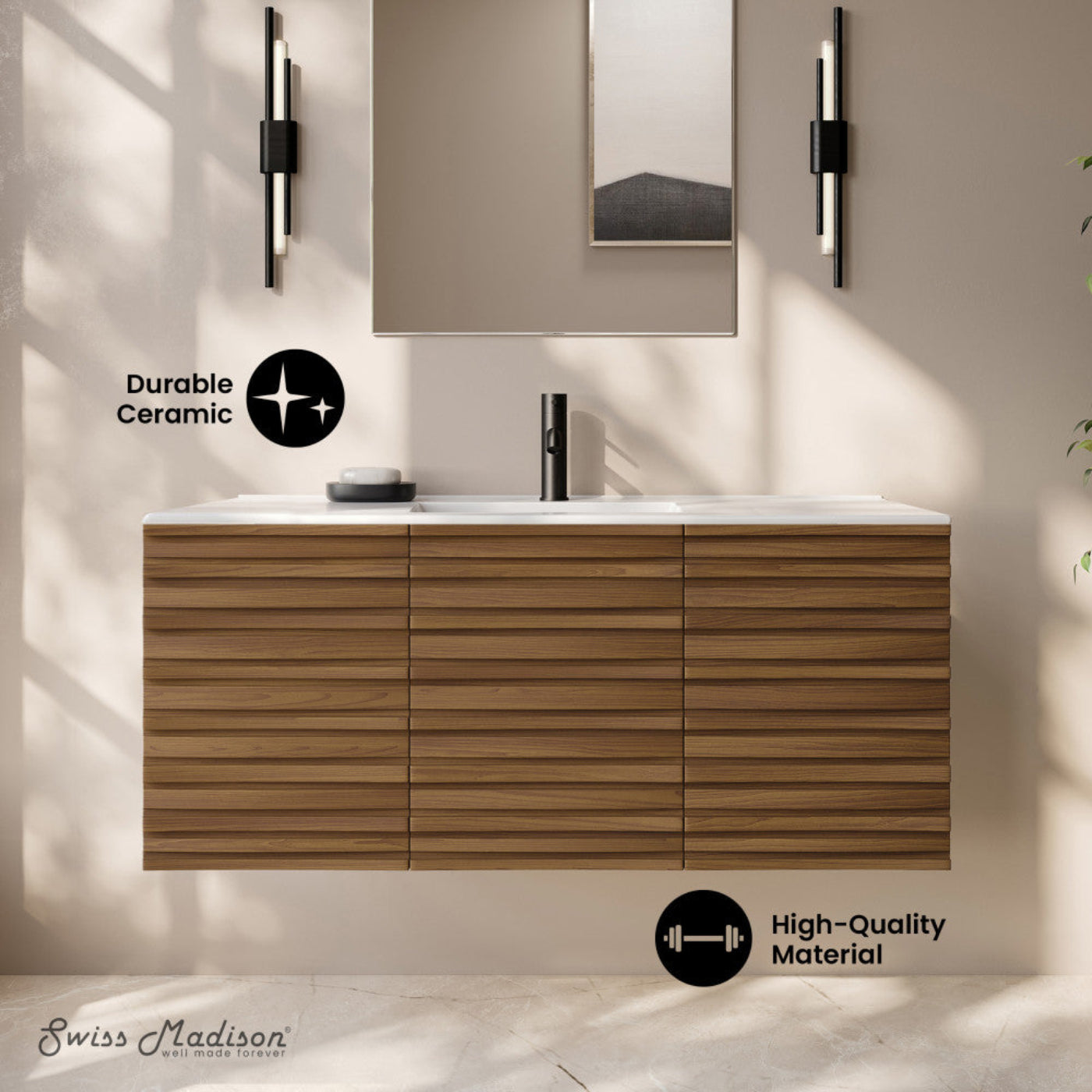 Swiss Madison Cascade 48" Wall-Mounted Bathroom Vanity in Brown Oak with Sink Top - SM-BV8614BO