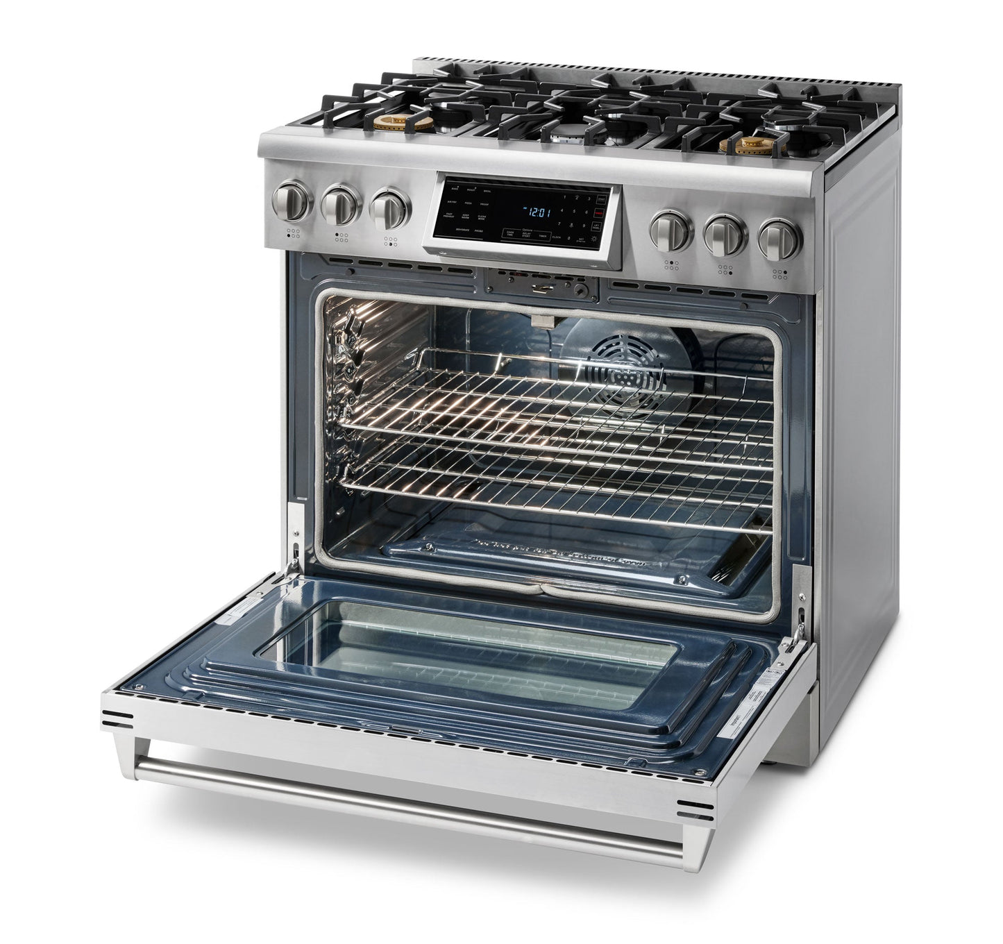 Thor Kitchen 5-Piece Appliance Package - 36-Inch Propane Gas Range, Tilt Panel, Refrigerator with Water Dispenser, Wall Mount Hood, Dishwasher, & Microwave Drawer in Stainless Steel - APW5-TRG36B-LP