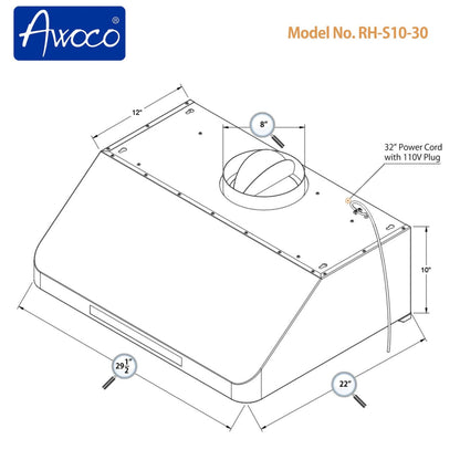 AWOCO RH-S10 Under Cabinet Range Hood Touch Remote Control 10" High 1000 CFM - RH-S10-30