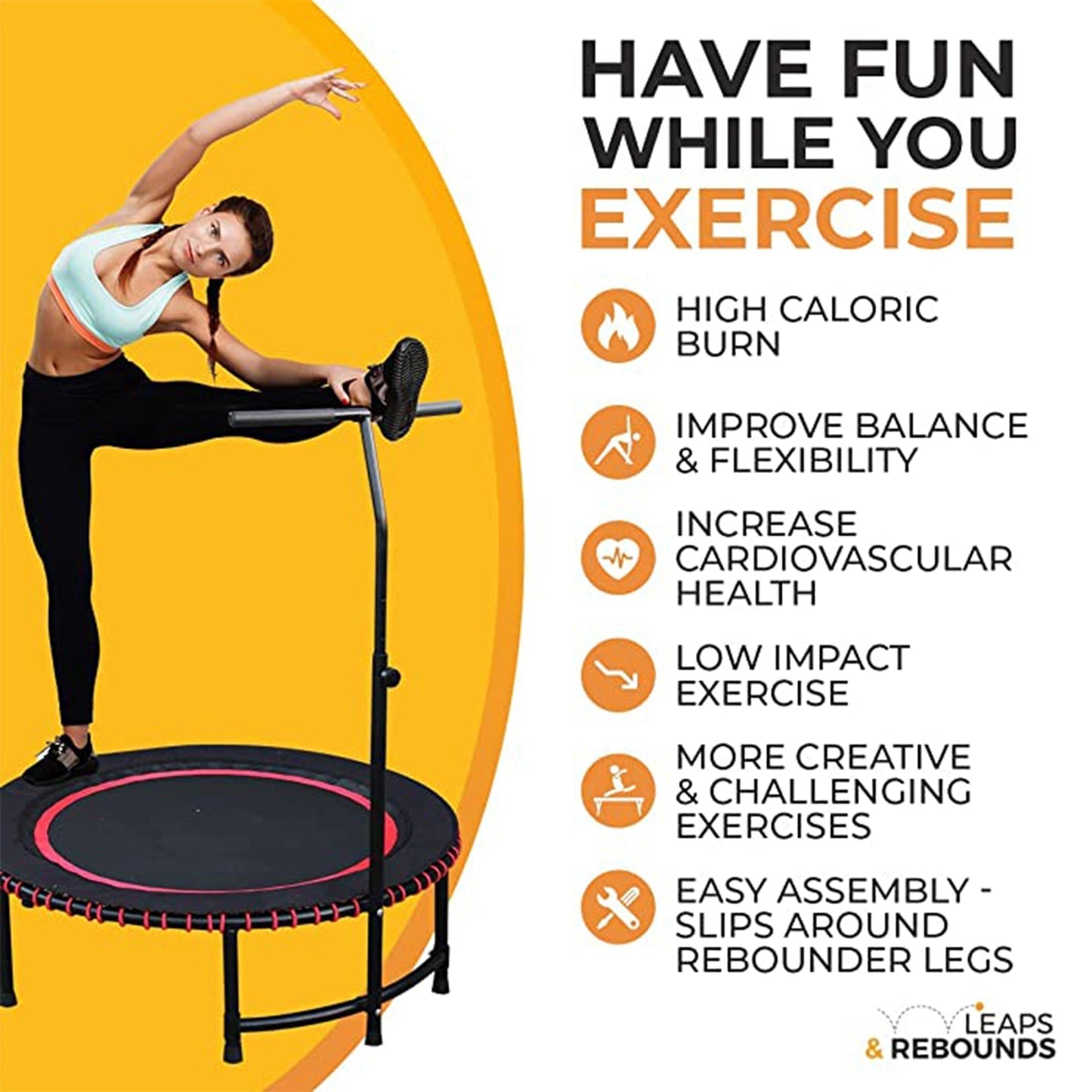 LEAPS & REBOUNDS 48" Adjustable Stability Bar w/ 48" Fitness Trampoline, Purple - 318054