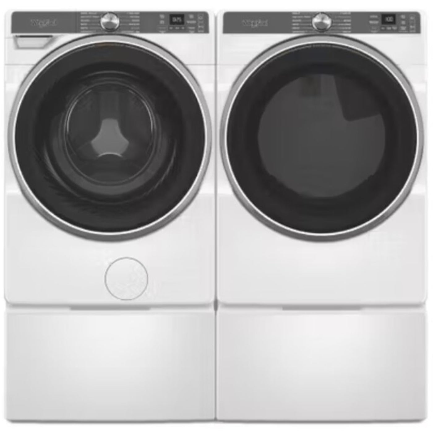 Whirlpool 5.0 cu ft Smart Front Load Washer & Whirlpool 27 Inch Smart Front Load Electric Dryer with Whirlpool 15.5 Inch Pedestal for Front Load Washer and Dryer - WED6720RW