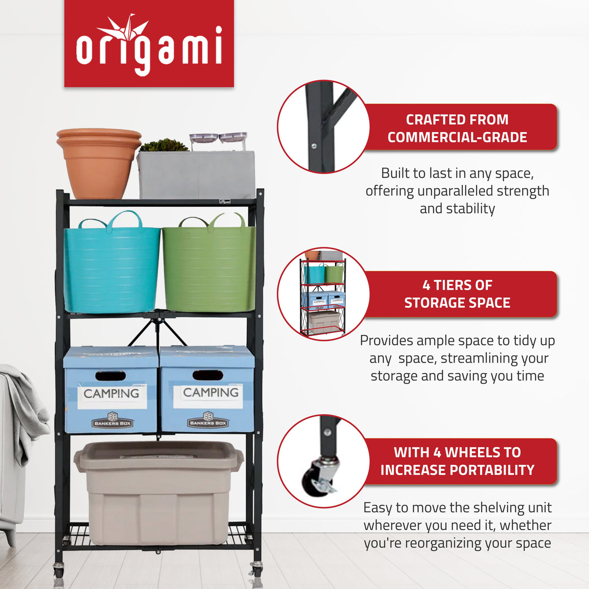 Origami 4 Pack 4 Tier Folding Garage Shelves Heavy Duty Shelving with Wheels - 415228
