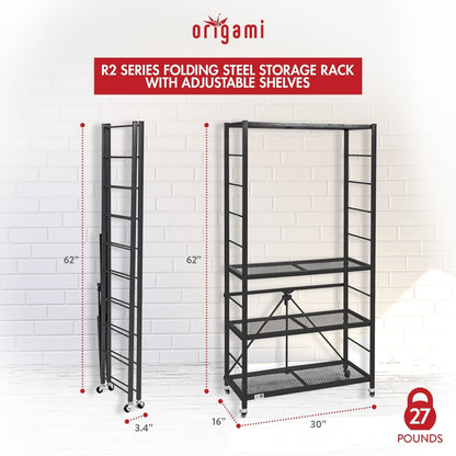 Origami 3 Pack Folding Steel Storage Rack, Adjustable Shelves, R2 Series, Black - 415215