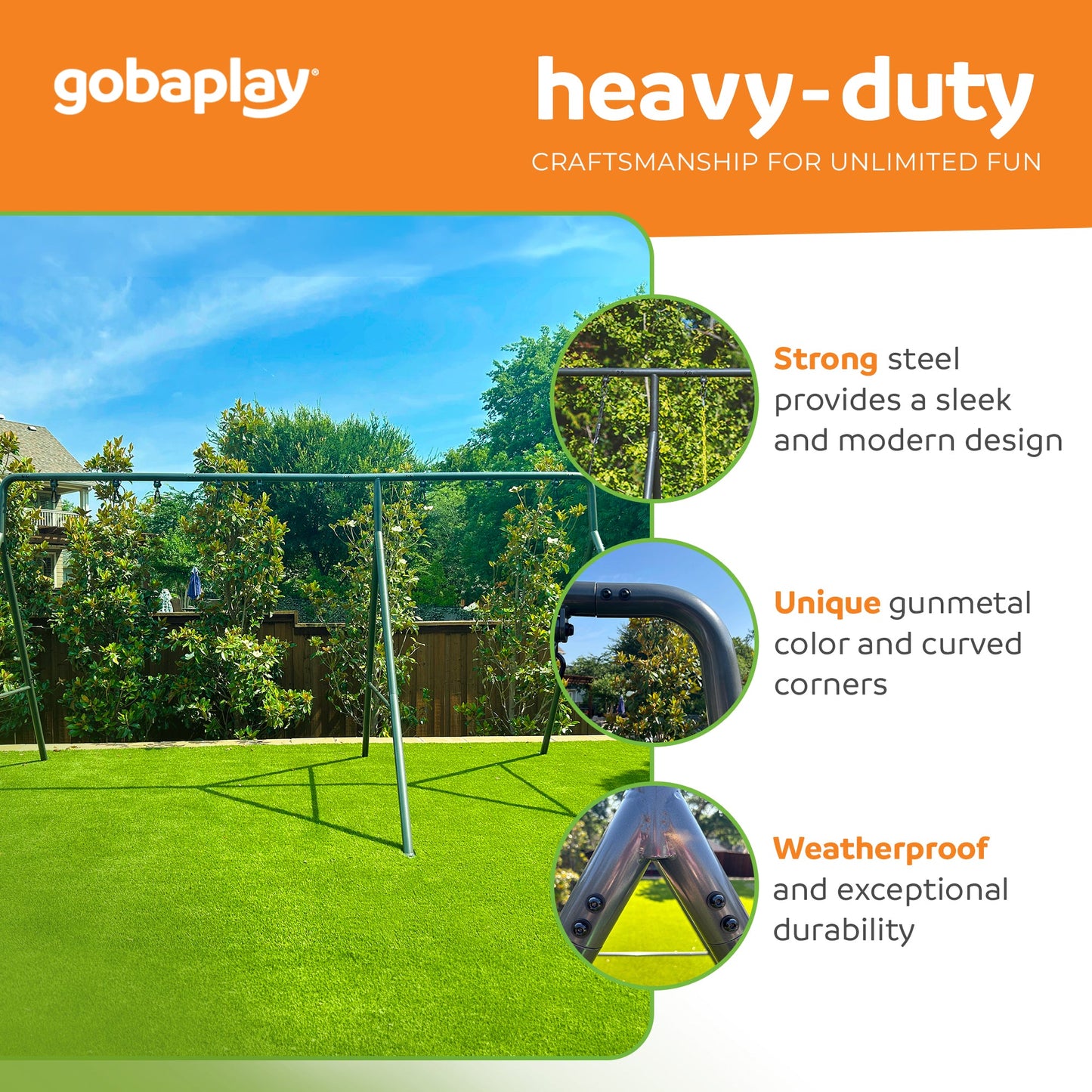 gobaplay Explorer Kids Swing Set w/Frame, Dual Platform Saucer, Swings & Trapeze - 399863