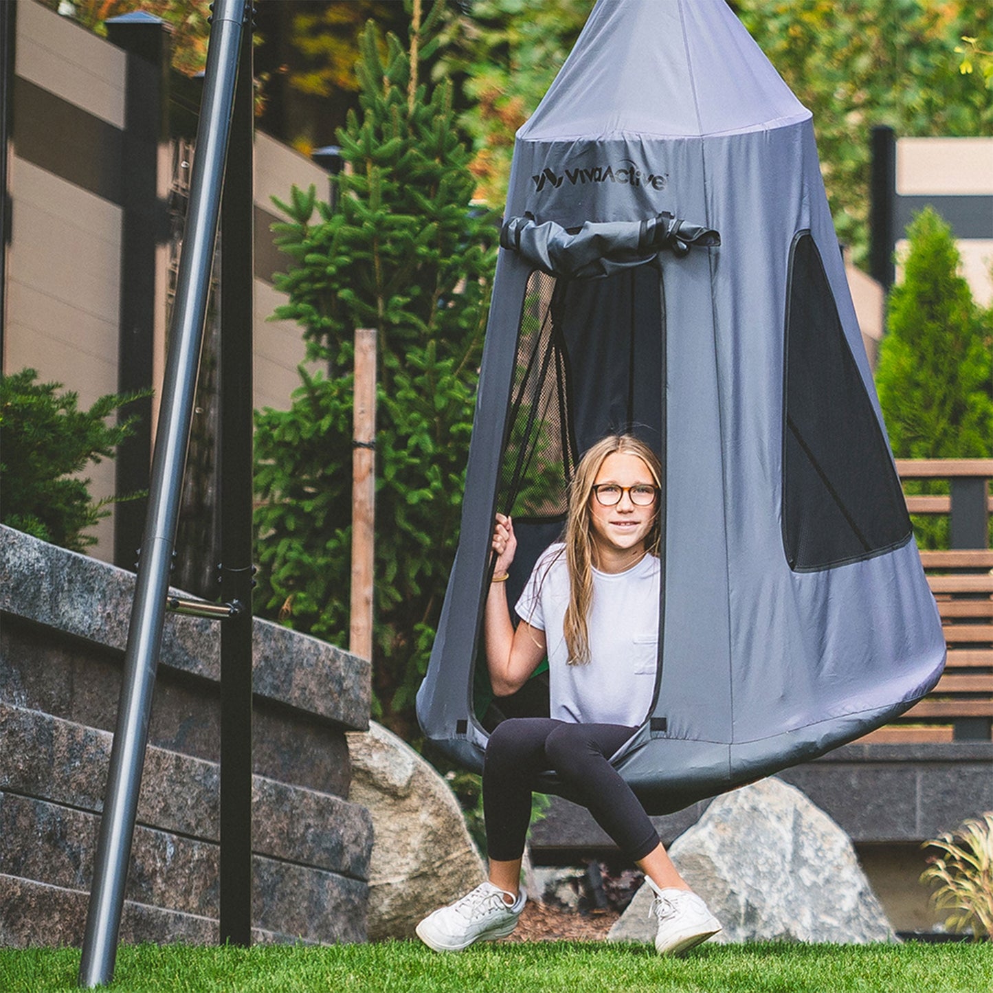 gobaplay Discovery Kids Swing Set, Outdoor Frame, Tent Saucer, Swings, & Trapeze - 399865