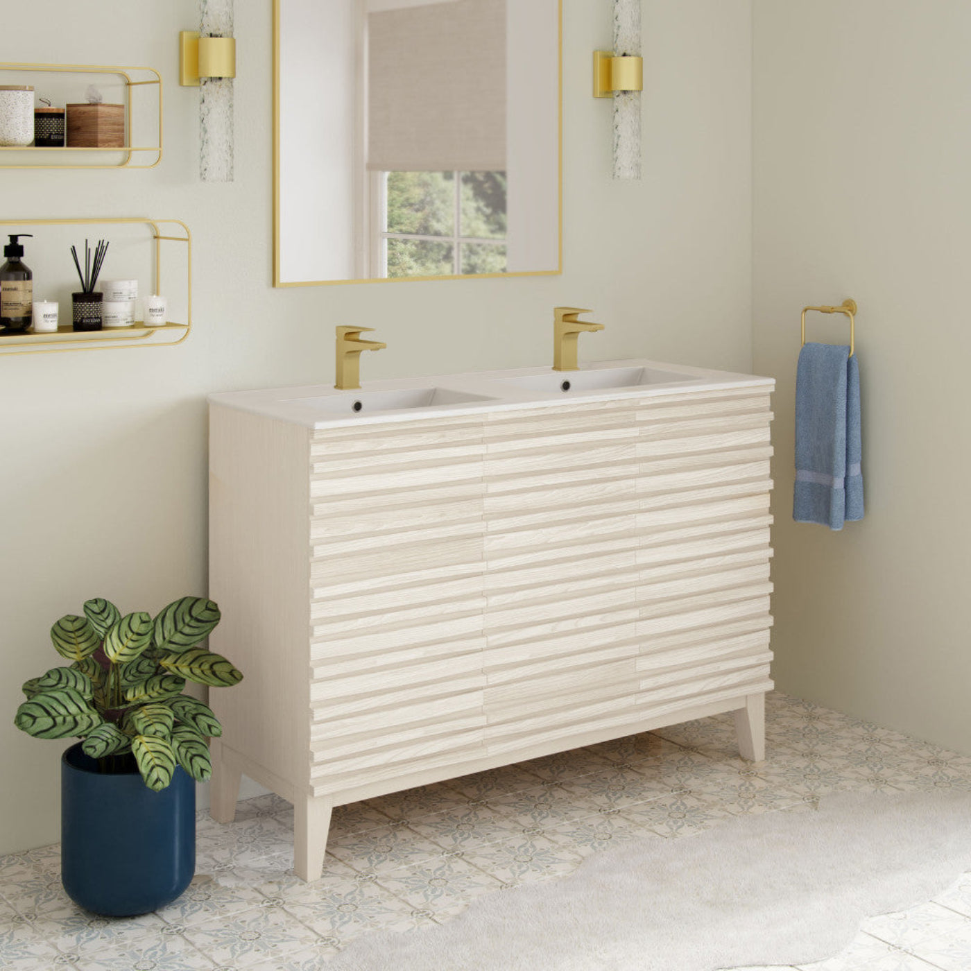 Swiss Madison Cascade 48" Freestanding Bathroom Vanity in White Oak with Double Basin Sink Top - SM-BV8636WO
