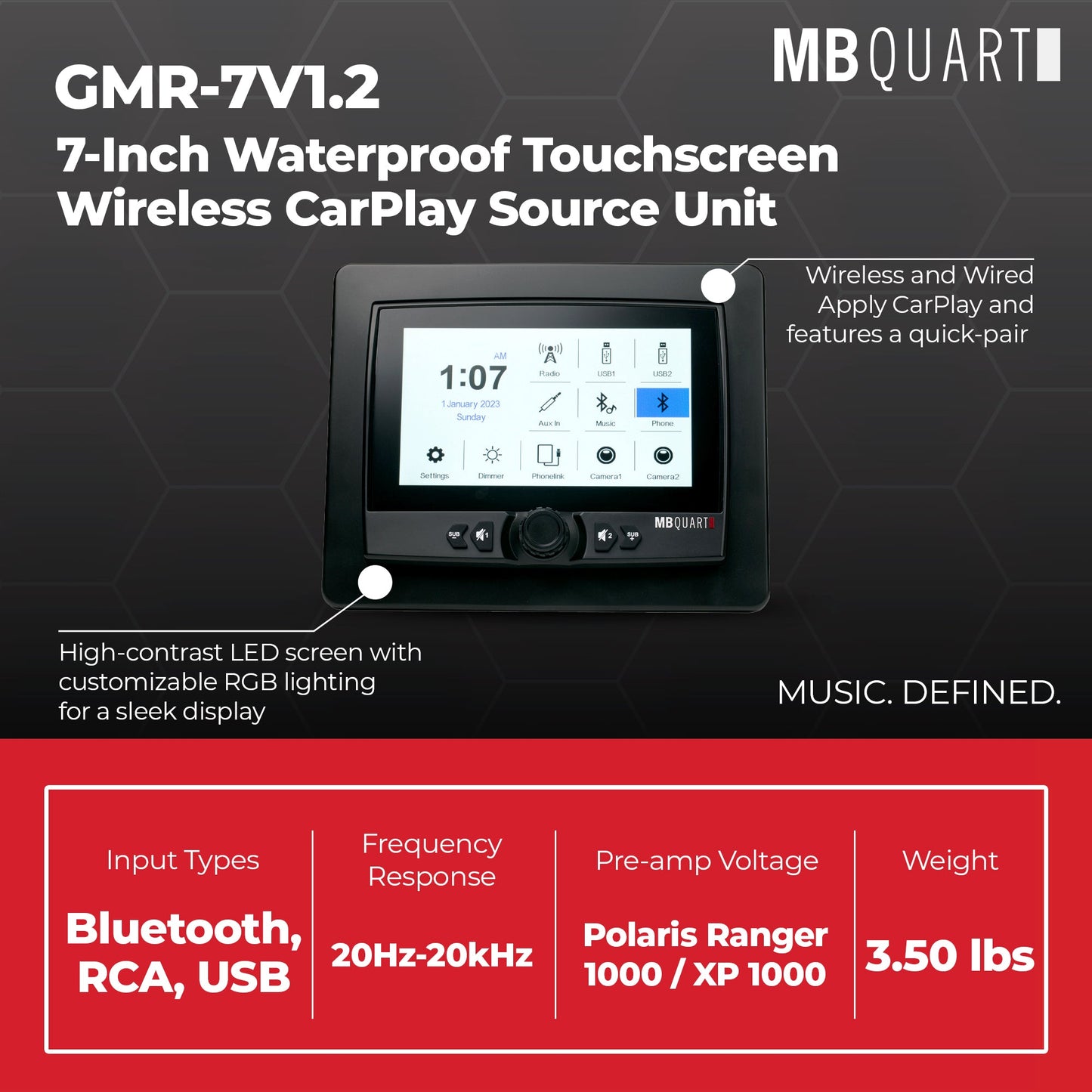 MB Quart 7" Touchscreen Wireless CarPlay Android Auto Car Powersports Receiver - 425720