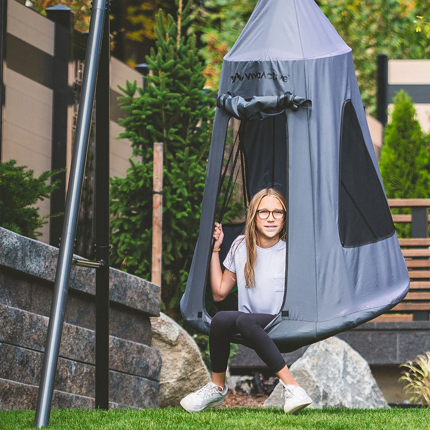 gobaplay Swing Set with 8' Frame Extension, Swings, 40" Saucer, & Hanging Tent - 431534
