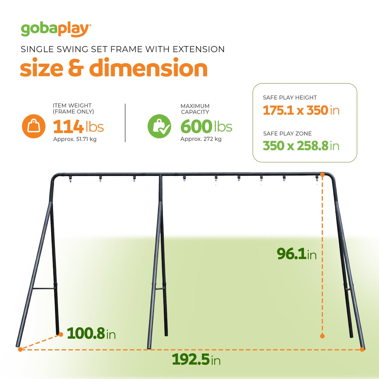 gobaplay Single Swing Playground Set with 8' Frame Extension & Rectangle Swing