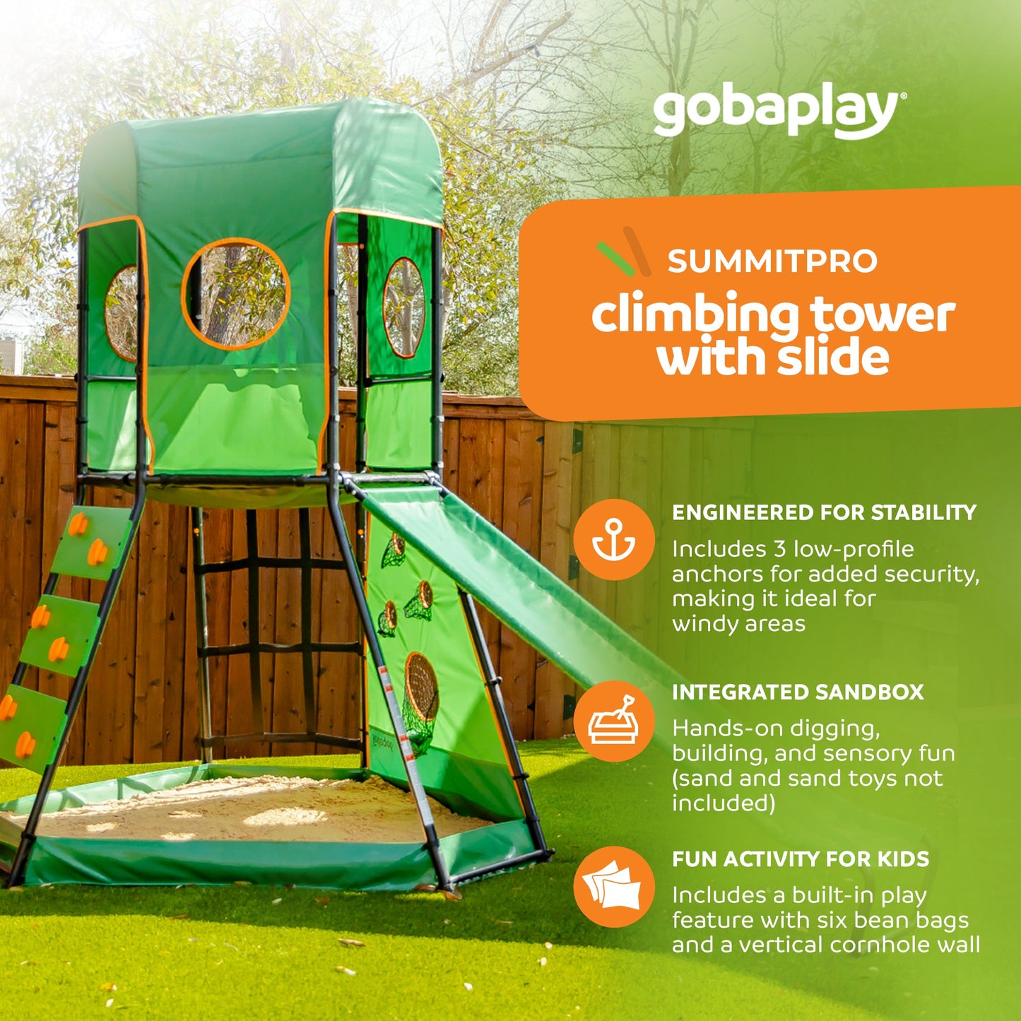 gobaplay SummitPro Climbing Tower, Outdoor Playset with Slide for Kids 6+, Green - 431540