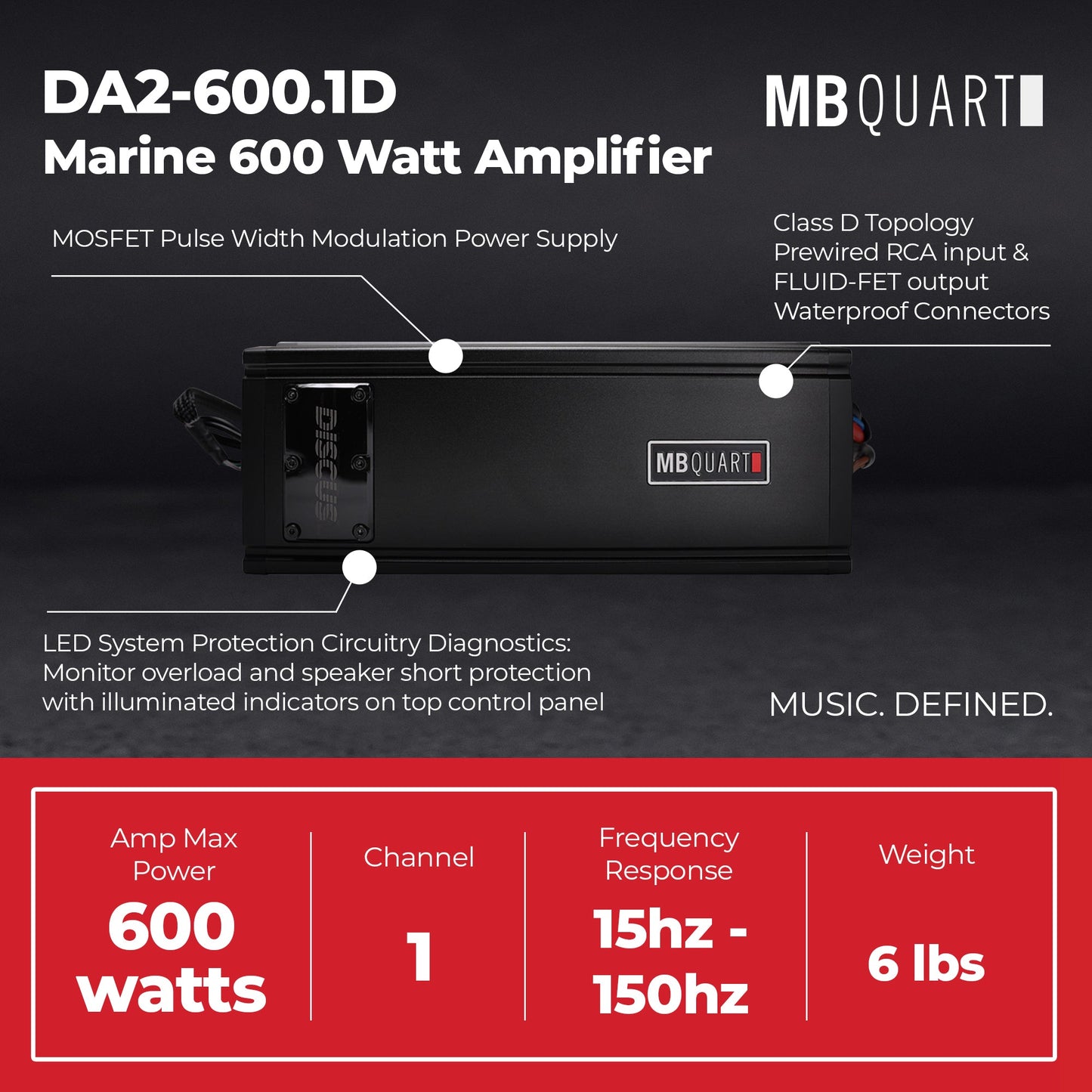 MB Quart Discus Monoblock Marine Amplifier with Top Mounted Controls, 600 Watts - 431773