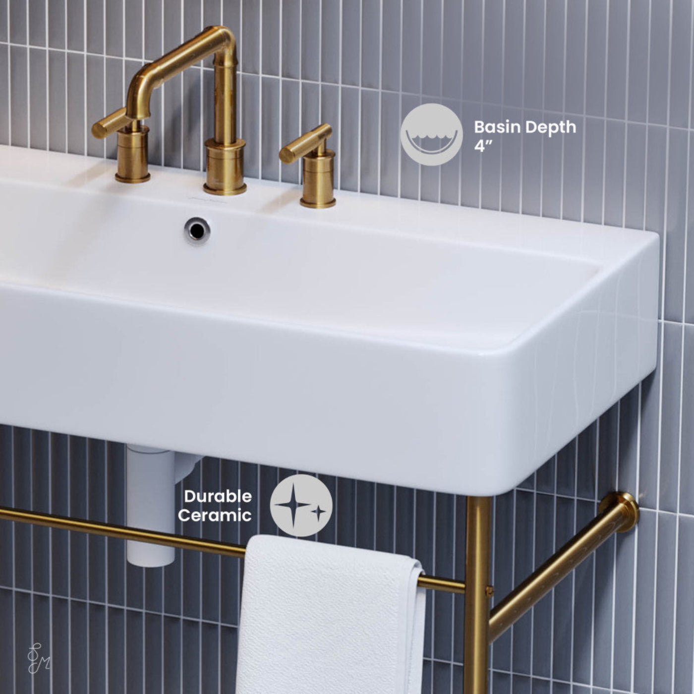 Swiss Madison Carre 36" Console Sink White Basin Brushed Gold Legs with 8" Widespread Holes - SM-CS723BG-3