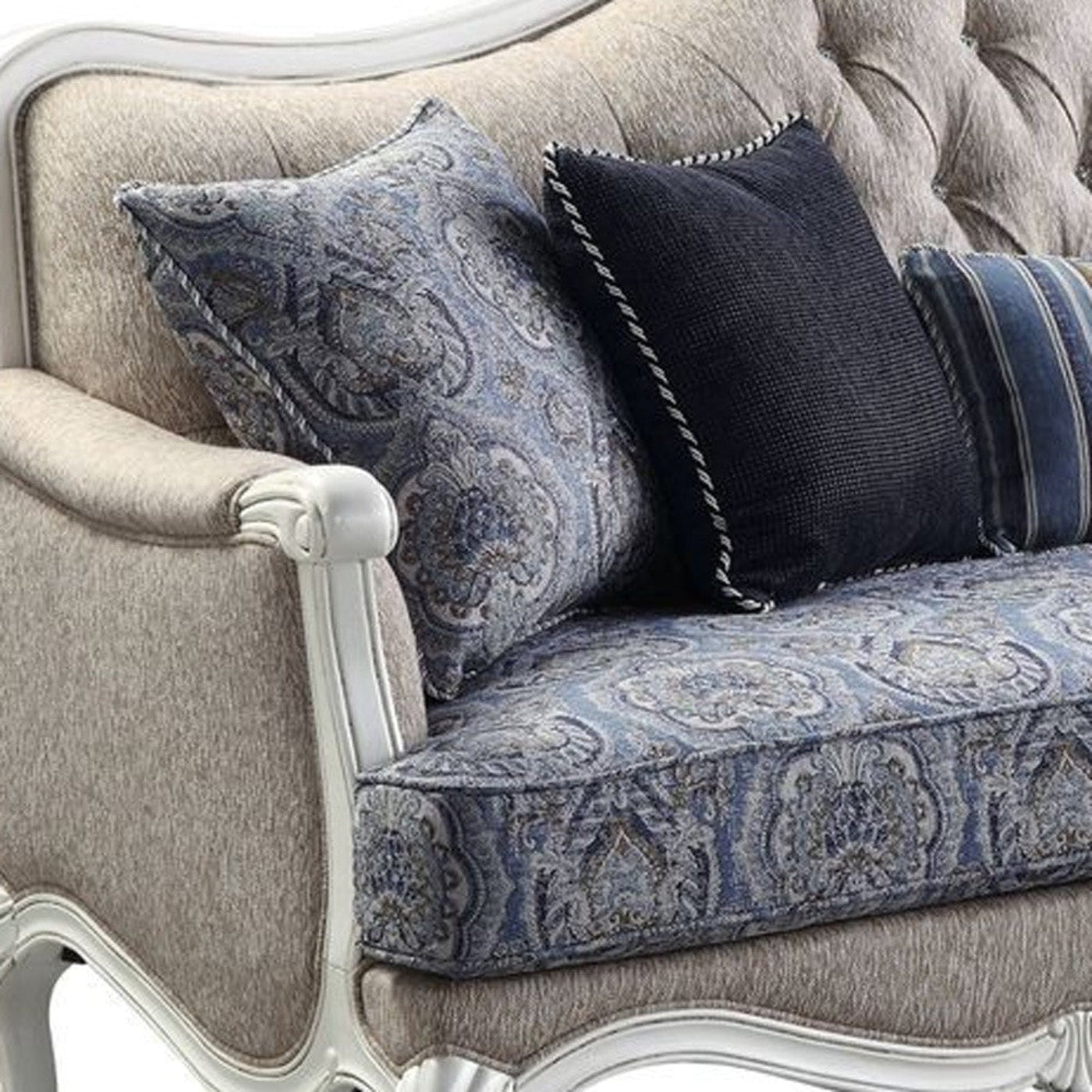 Modway Furniture 88" Cream Linen Damask Sofa with White Legs & Toss Pillows - Stylish Comfort for Any Living Room - 491311-HOMEROOTS