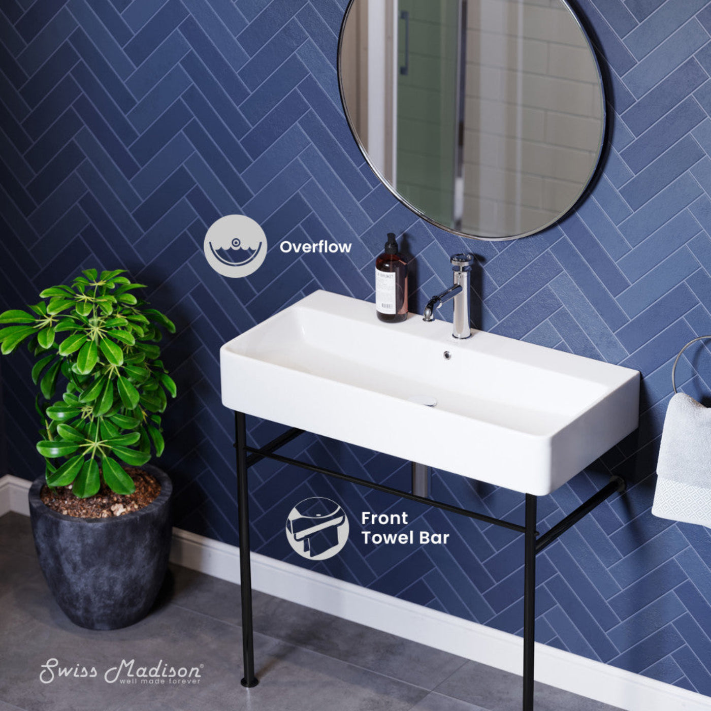 Swiss Madison Carre 36" Ceramic Console Sink White Basin Black Legs - SM-CS733