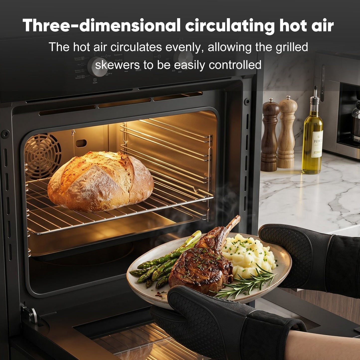 Awoco 24” Built-in Electric Oven, 2.37 Cu ft. Single Wall Oven with 9 Cooking Modes, 360° Rotating Rotisserie, 3440W, Mechanical Knobs Control, LCD Display, Timer, Stainless Steel Wall Oven for Kitchen - AWC-EO-MK09-DT