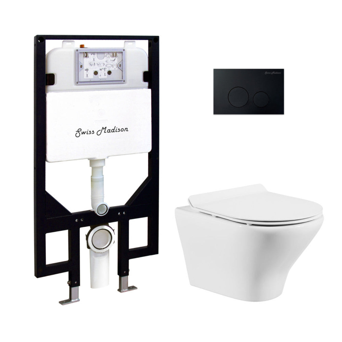 Swiss Madison Monaco Wall-Hung Toilet Bundle 0.8/1.6 GPF Dual Flush in Glossy White with Black Flush Plate - SM-WT1003GW