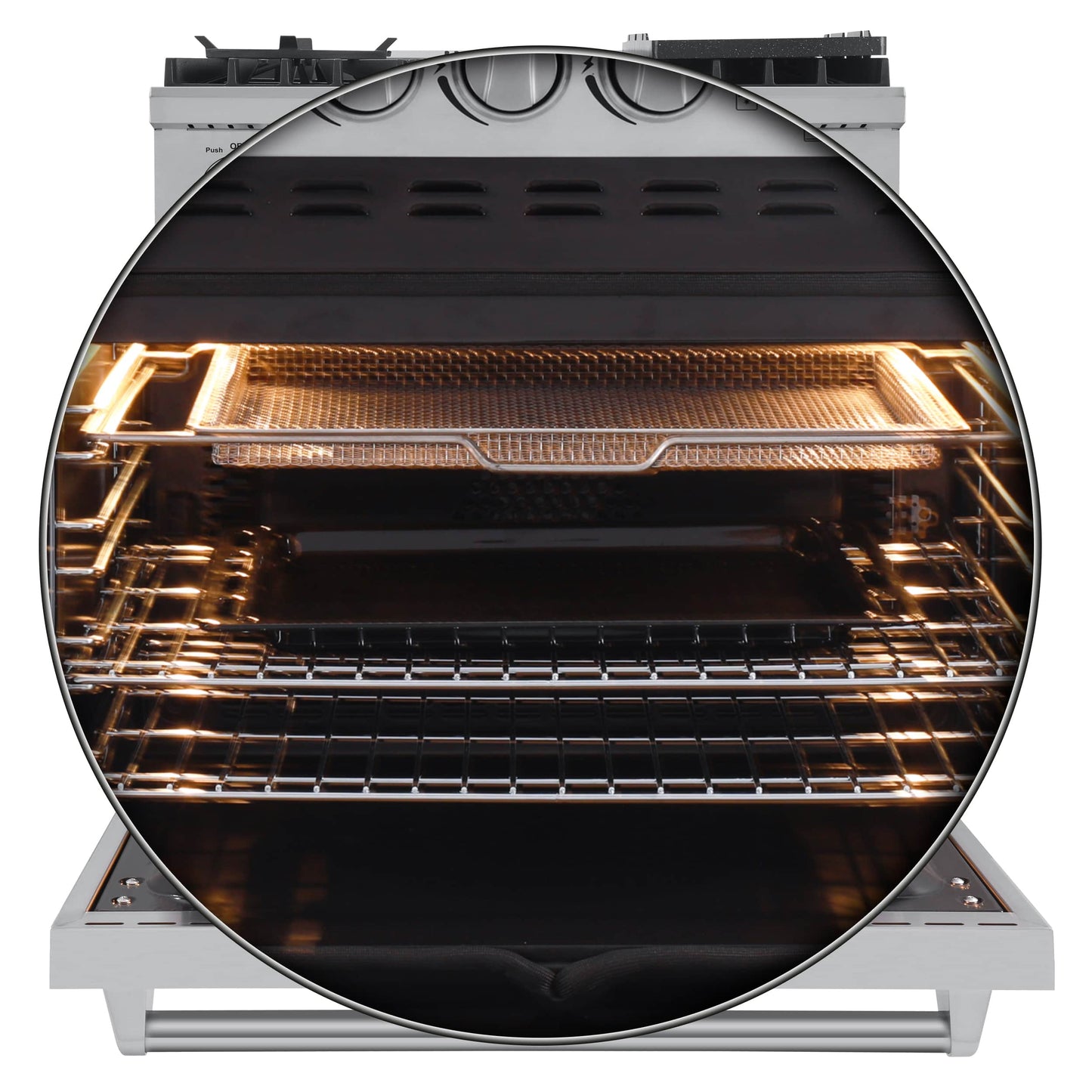 Forno 4-Piece Appliance Package - 30-Inch Dual Fuel Range with Air Fryer, Refrigerator, Wall Mount Hood, & 3-Rack Dishwasher in Stainless Steel - APR4-6196-30-H