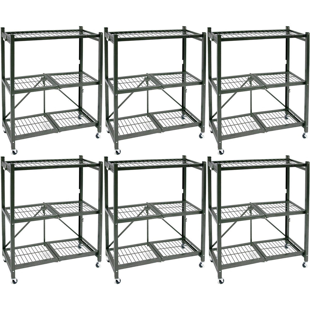 Origami R3 Foldable 3-Tiered Shelf Storage Rack & Wheels, Pewter (6 Pack) - 253009