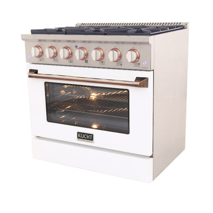 Kucht Signature 36 In. 5.2 cu ft. Propane Gas Range with White Door and Rose Gold Accents, KNG361/LP-W-ROSE - KNG361/LP-W-ROSE