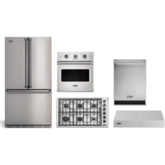 Viking 5-Piece Package 36 Counter-Depth French-Door Refrigerator and 36 5 Cooktop and 30 Wall Oven and 24 Integrated Dishwasher and 36 Hood - RVFFR336SS