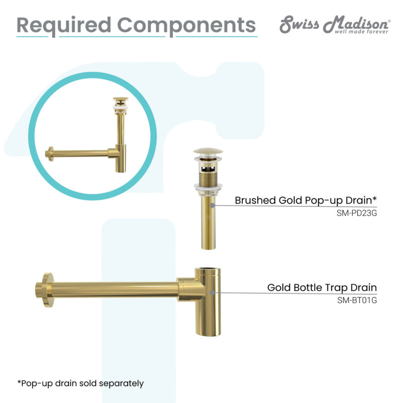 Swiss Madison Bottle Trap Drain, Gold - SM-BT01G