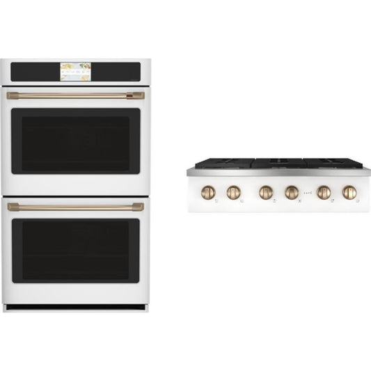 Cafe 2-Piece Package CGU366P4TW2 36 Inch Commercial-Style Gas Rangetop and CTD90DP4NW2 30 Inch Double Convection Smart Electric Wall Oven