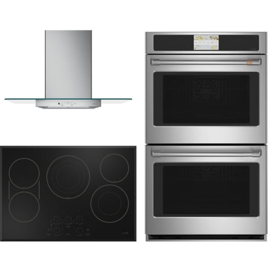 Cafe 3-Piece Package CEP90301TBB 30 Inch Electric Smart Cooktop and CTD70DP2NS1 30 Inch Double Convection Smart Electric Wall Oven and CVW73012MSS 30 Inch Wall-Mount Glass Canopy Chimney Hood