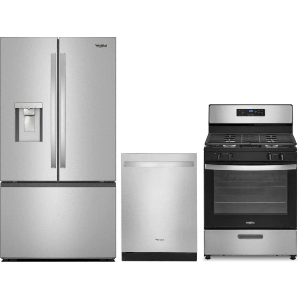 Whirlpool 3-Piece Package 36 Inch Freestanding French Door Refrigerator and WGE745C0FS 30 Inch Electric Range and WDT730HAMZ 24 Inch Fully Integrated Dishwasher - WRFF3536SZ
