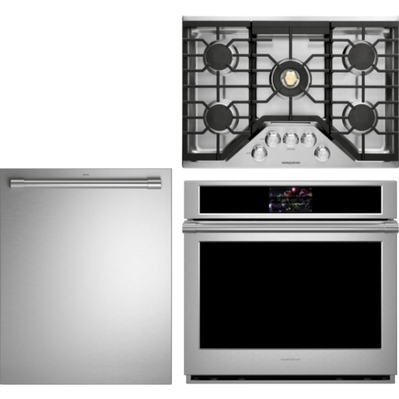 Monogram 3-Piece Package ZGU36ESLSS 36 Inch Gas Smart Cooktop and ZTS90DPSNSS 30 Inch Built-In Electric Smart Single Wall Ove and ZDT925SPNSS 24 Inch Smart Fully Integrated Dishwasher - ZGU36ESLSS